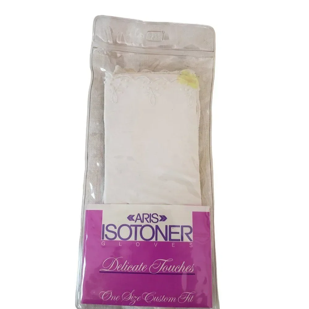 New In Package Vintage Aris Isotoner Gloves White Embroidery New With Tags NOS